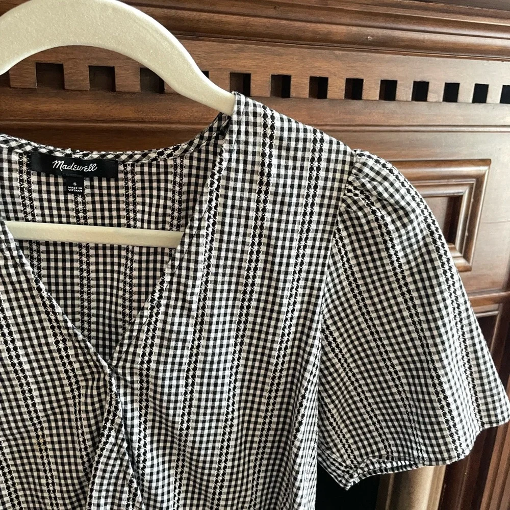 Madewell Crossover Peplum Top Gingham Black & White Small - Picture 2 of 3